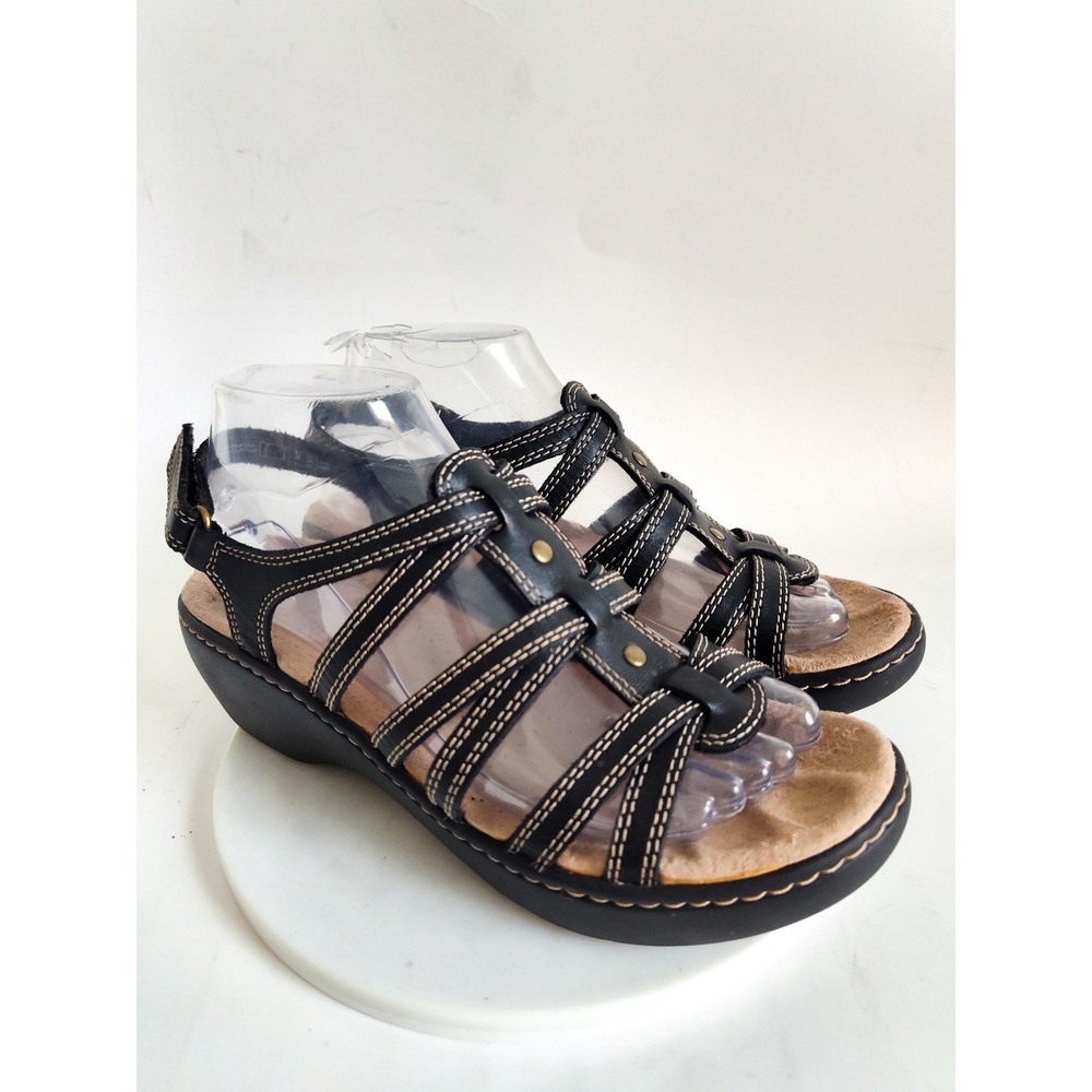 Clarks Sandals Size 8 Leather Comfort Delana Curve Strappy Black Contrast Stitch